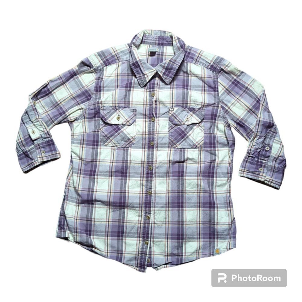 Carthartt Women's Button Up Shirt Purple Plaid L (12/14) Long Tab Sleeve Cotton